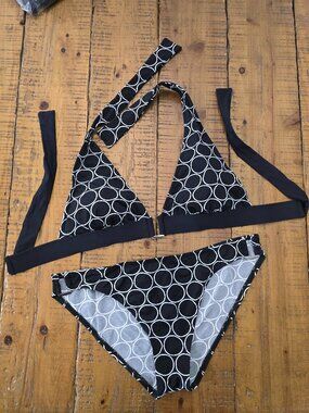 La Blanca Black White Circle Print Bikini Set Size 12 Halter Tie Swim
